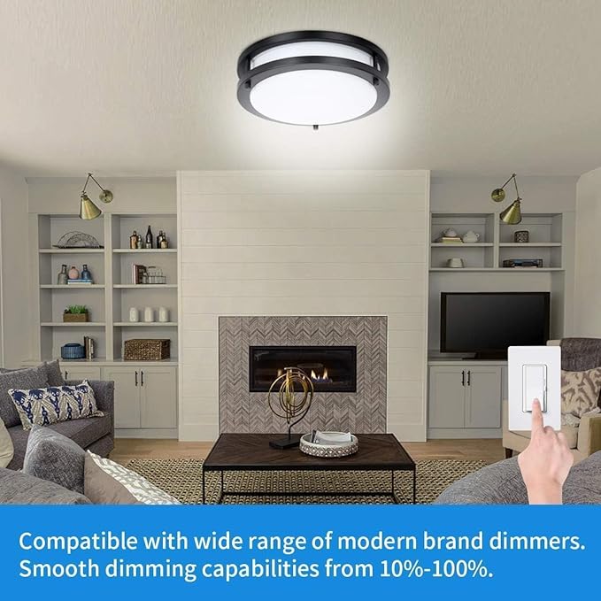 Drosbey 48W LED Flush Mount Ceiling Light Fixture, Ceiling Lights for Kitchen, Bedroom, Bathroom, Garage, Dimmable, Super Bright 5000 Lumens, 3000K/4000K/5000K Adjustable (Black)