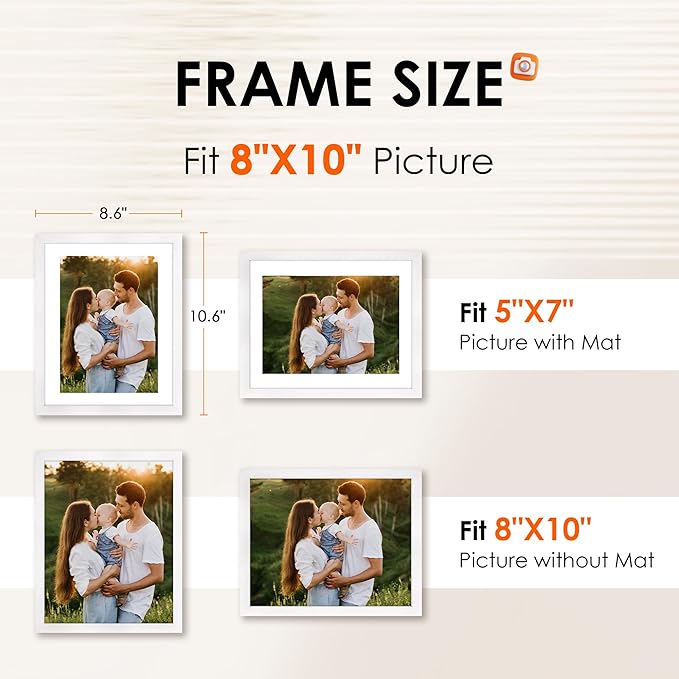 FIXSMITH 8x10 Picture Frame Set of 2, Photo Frame with HD Plexiglass, Display Pictures 5x7 with Mat or 8x10 Without Mat, White Picture Frames Collage for Tabletop or Wall Display