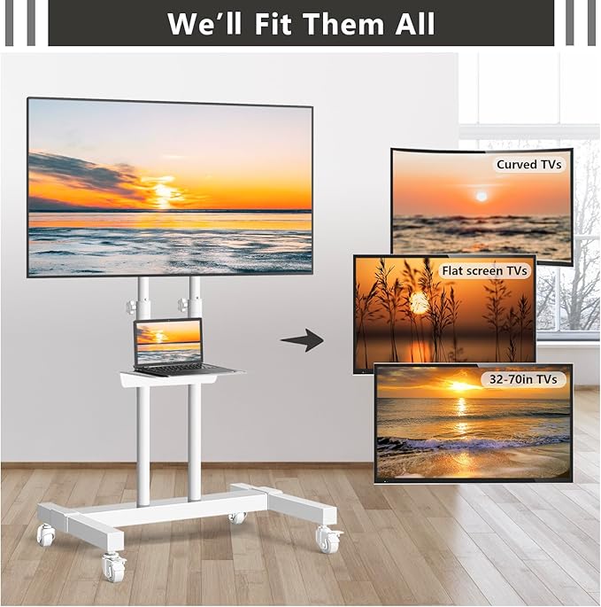 TVON Upgraded Mobile TV Stand on Wheels for 32-80 inch Flat Screen/Curved TVs up to 110 lbs, Height Adjustable Mobile TV Cart with Metal Laptop Shelf, Rolling TV Stand for Home and Office Use,White