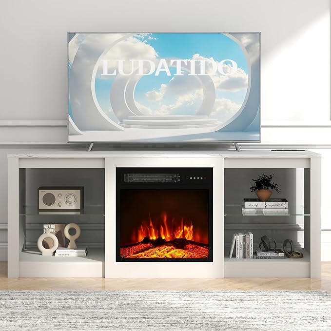 Ludatido 58 Inch TV Stand with 18 inch Fireplace Insert LED Light Entertainment Center Electric Fireplace TV Stand with USB&AC Power Interface for Living Room/Bedroom/Media Room Use(White)