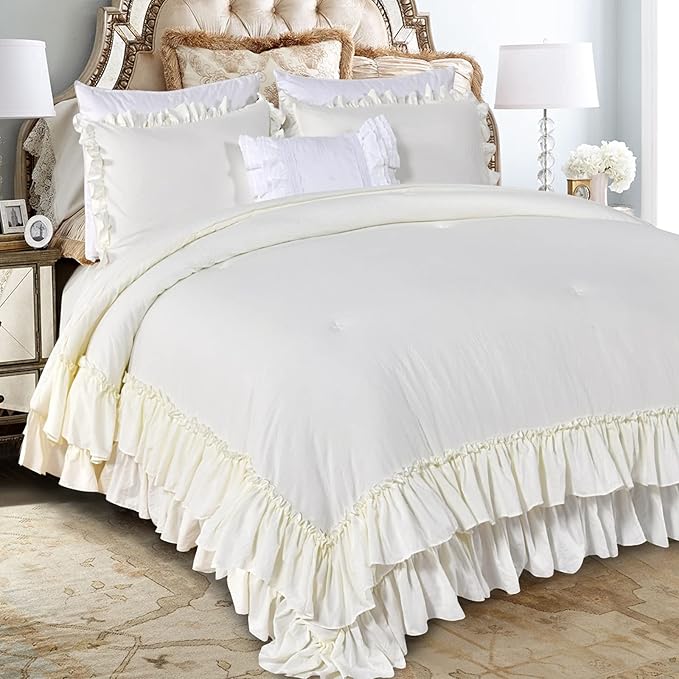 QSH Ruffled Comforter Queen Size, Shabby French Country Chic Bedding Ivory Comforter Sets, 3 Peices Farmhouse Lightweight Boho Comforter Set for Bed, Ultra Soft All Season Microfiber Fluffy Bedding