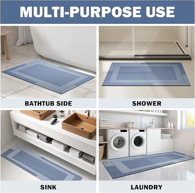 Non Slip Long Bath Mat Bathroom Runner, Rubber Backing Ultra Thin Bathroom Rugs Fit Under Door Quick Dry Super Absorbent Washable Bath Rug Shower Mat for Bathtub Sink Floor, Blue 24"x48"
