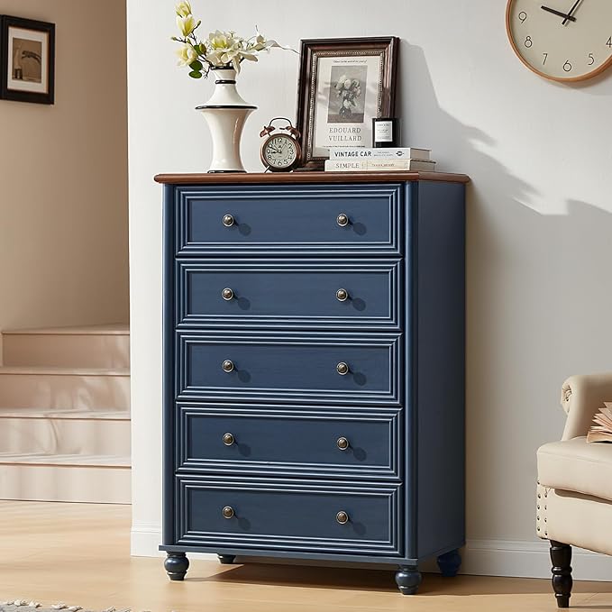 Farmhouse Dresser for Bedroom Set of 2, 5 Drawers Wood 45" Tall Chest of Drawers, Dresser Rustic Storage Dressers Organizer with Metal Handle Closet for Living Room, Hallway Entryway