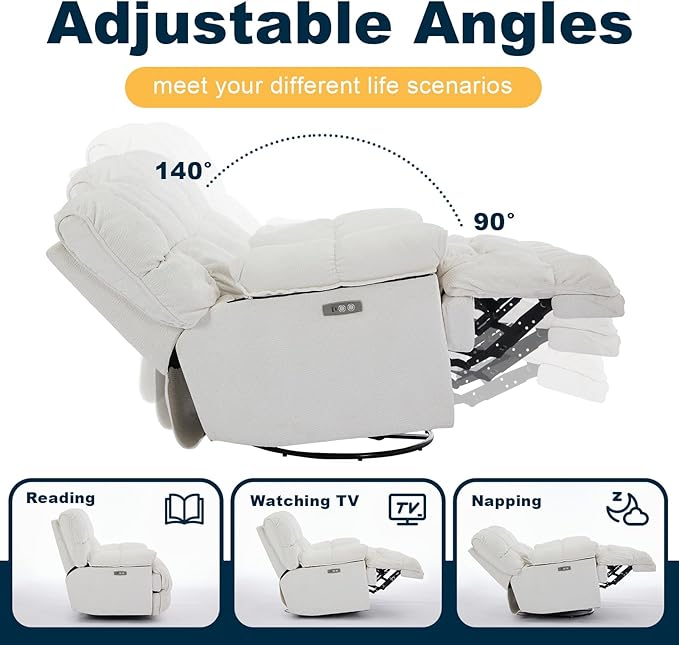GINGO Power Oversized Recliner Chair, Extra Wide Swivel Rocking Recliner Chair, Breathable Soft Fabric Modern Single Sofa for Living Room, 90°-140° Electric Adjustable Angle, USB & Type-C Port, White