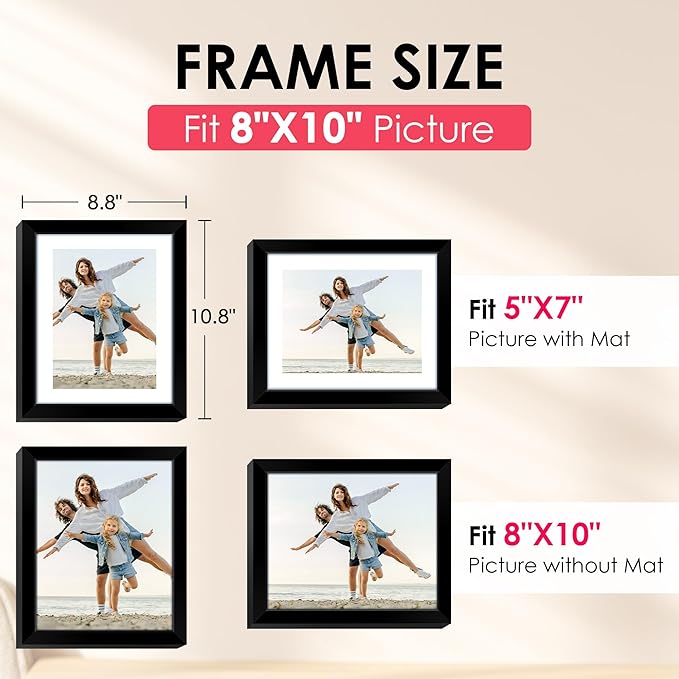 FIXSMITH 8x10 Picture Frame, Black Photo Frame with HD Plexiglass, Display Pictures 5x7 with Mat or 8x10 Without Mat, Picture Frames Collage for Tabletop or Wall Display, 2 Pack