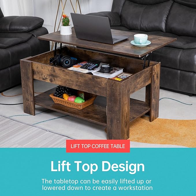 FDW Lift Top Coffee Table with Hidden Compartment and Storage Shelf Wooden Lift Tabletop for Home Living Room Reception Room Office,39.4",Brown