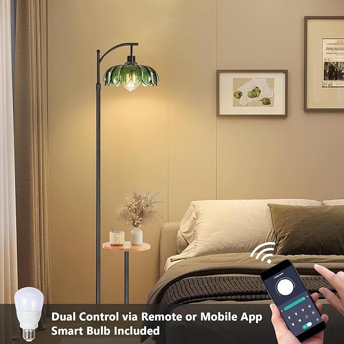 Arc Floor Lamp with Table and Shelves,Black Floor Lamp for Bedroom Glass Floor Lamps with Remote Control & 3 Color Temperature,Modern Standing Lamp Tall Flower Floor Lamps for Living Room Corner