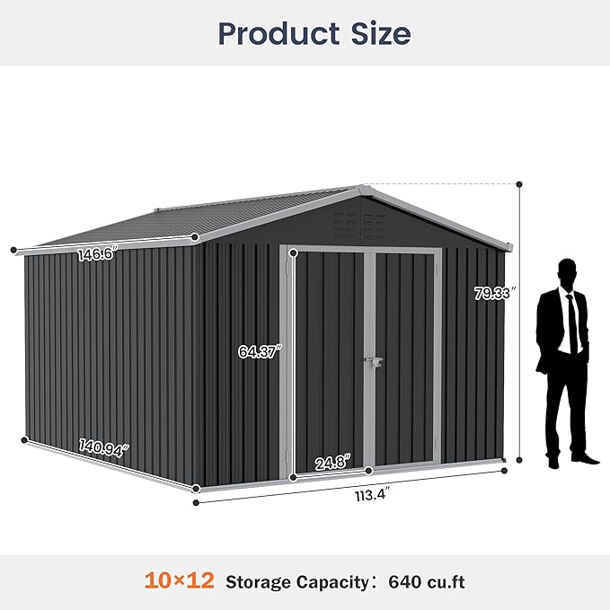 UDPATIO Outdoor Storage Shed 10x12 FT, Outside Sheds & Outdoor Storage Metal Galvanized Steel Yard, Patio, Lawn, Tool Shed with Lockable Door for Can, Bike, Lawnmower, Generator,Dark Grey