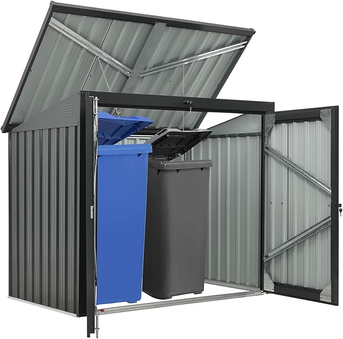 Hanover Outdoor Storage Shed for Trash and Recyclables, Pent Roof, Galvanized Steel, 2-Point Locking System, Stores 2 Trash Cans, 3.3-Ft. x 5.2-Ft. x 4.4-Ft., Dark Gray Trash Can Storage