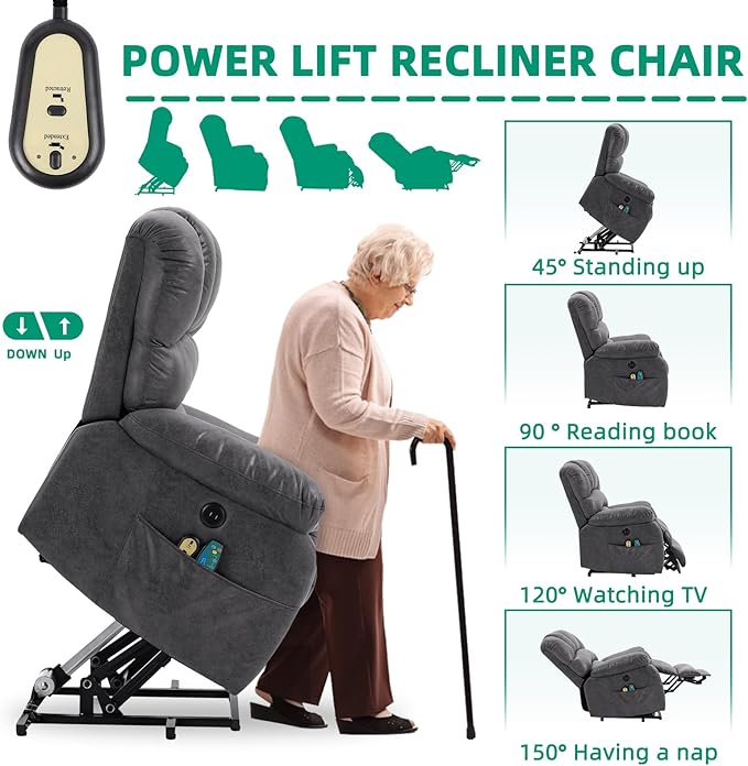 VIVIJASON Large Power Lift Electric Recliner Chair with Extended Footrest for Big Tall Elderly, Overstuffed Wide Lift Recliner with Heat & Massage, 2 Remote Controls, Side Pockets & USB Ports, Gray