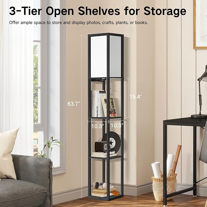 OUTON Floor Lamp with Shelves, LED Shelf Floor Lamp with 1 USB & 1 Type C Ports, 1 AC Outlet, 3 Color Temperature, Storage Display Wood Column Tall Standing Lamp for Living Room, Bedroom Office, Black