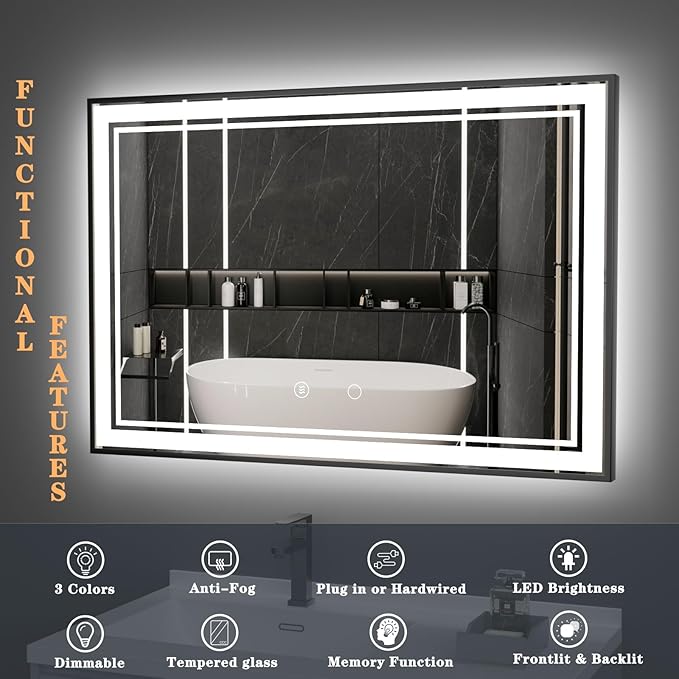 48" x 32" LED Bathroom Mirror with Lights Framed LED Mirror for Bathroom Backlit and Front Lighted Bathroom Mirror Black Square Aluminum Frame Anti-Fog Dimmable Adjustable Shatter-Proof