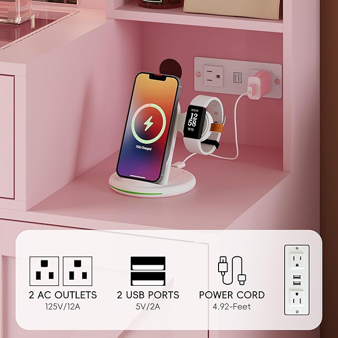 Makeup Vanity Desk with Mirror and Lights, Pink Vanity Table with LED Lighted Mirror & Power Outlet, Dressing Table with Chair, Large Storage Drawer & Cabinet, and Foldable Panel for Girls’ Bedroom