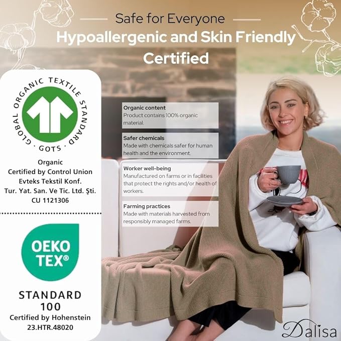 Dalisa 100% Organic Turkish Cotton Throw Blanket - GOTS Certified, Cozy - Perfect for Couch, Bed, and Home Decor - Boho Vintage Knit Alina (Mocha Meringue, 60x80)
