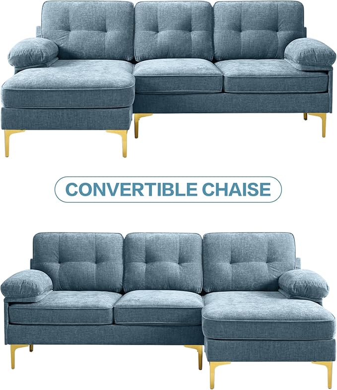 EASELAND 82" L-Shape Sofa with Reversible Chaise Lounge, Convertible Sectional Sofa Couch, Chenille Modern Sofa Couch for Living Room, Apartment and Office, Removable Cover,Blue