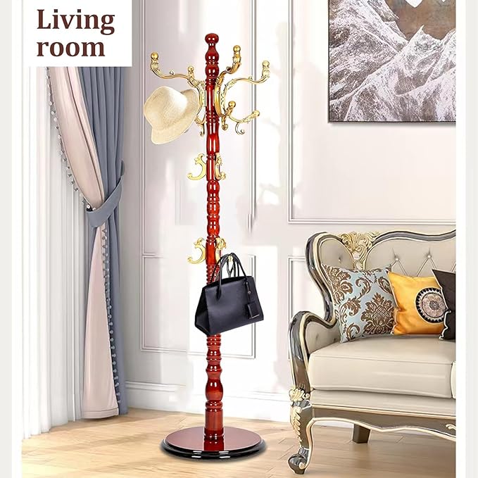 Coat Racks freestanding, High-grade Wooden Tree Rack, hall tree With 14 Hooks & Stable Disc Base, For such as coats, jackets, Home Office Entry-way hanger Organizer (Begonia color)