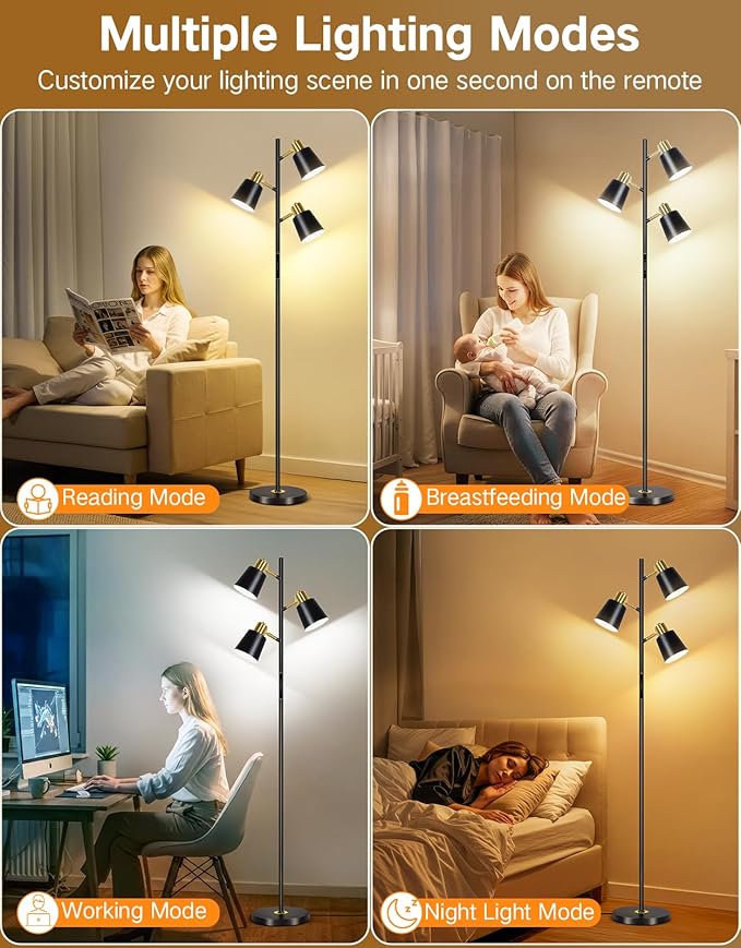 OUTON LED Tree Floor Lamp, Modern Dimmable Standing Lamp with Remote & Touch Control, 4 Color Temperatures, 3 Rotatable Lights Floor Lamps for Living Room, Bedroom, Office, Black & Gold