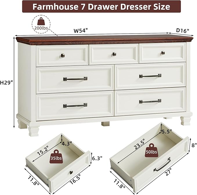 Farmhouse 7 Drawer Dresser for Bedroom, 54” Wide Dresser for Closet, Large Rustic Wooden Dressers, Chest of Drawers for Bedroom, Living Room, Entryway, White