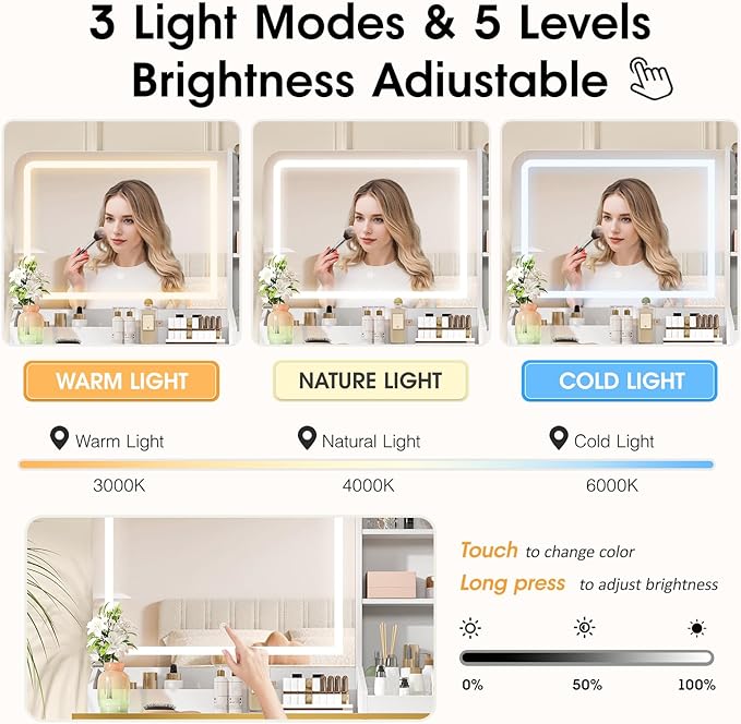 Vabches Makeup Vanity with Mirror and Lights, White and Gold Vanity Desk with 5 Drawers and Charging Station, Vanity Table for Bedroom