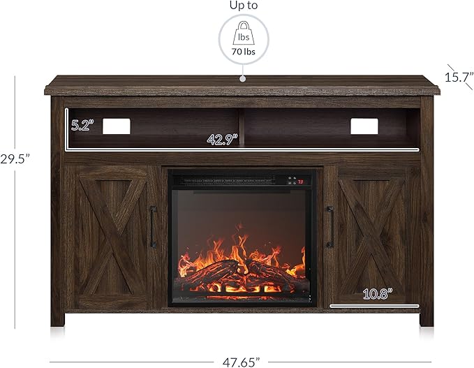 BELLEZE Modern 48" Barn Door Wood TV Stand with 18" Electric Fireplace Heater & Media Entertainment Center Console Table for TV up to 50" with Two Open Shelves and Cabinets - Corin (Dark Walnut)