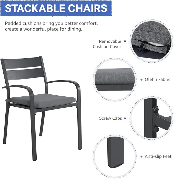 SUNSITT 9-Piece Outdoor Patio Dining Set, 63" - 105" Aluminum Expandable Outdoor Dining Table Set for 8, 8 Stackable Chairs with Gray Removable Cushions