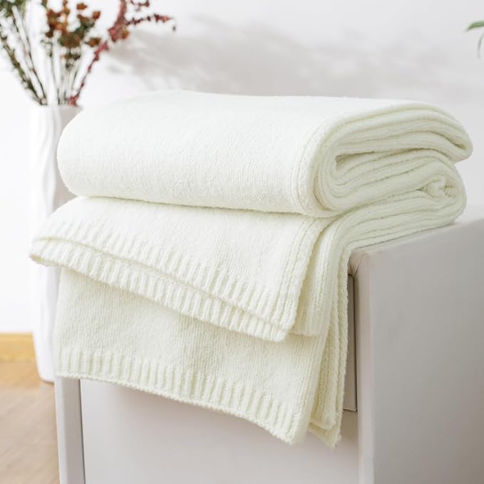 Carriediosa Wool Blend Knit Throw Blanket 50" X 60", 50% Recycled Polyester Soft Cable Knitted Fluffy Throws for Couch Lightweight Woven Blankets for Sofa Fuzzy Cozy Bed Cover, Vanilla Cream
