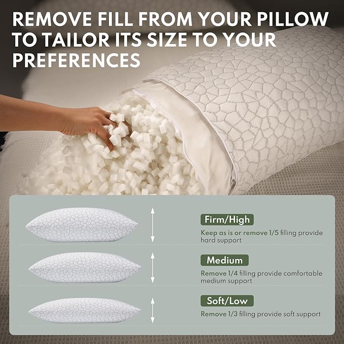 Cooling Pillows King Size Set of 2 - Shredded Memory Foam Pillow for Sleeping 2 Pack, Adjustable Cool Bed Pillows for Side, Back, and Stomach Sleepers, Gel Pillow Washable Removable Cover
