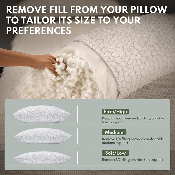 Cooling Pillows Queen Size Set of 2 - Shredded Memory Foam Pillow for Sleeping 2 Pack, Adjustable Cool Bed Pillows for Side, Back, and Stomach Sleepers, Gel Pillow Washable Removable Cover