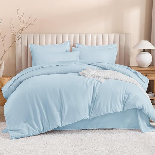 Litanika Comforter California King Size Set Light Blue - 7 Pieces Bed in a Bag California King Bedding Comforter Sets, Plain Lightweight Bed Set with Comforter, Sheets, Pillowcases & Shams