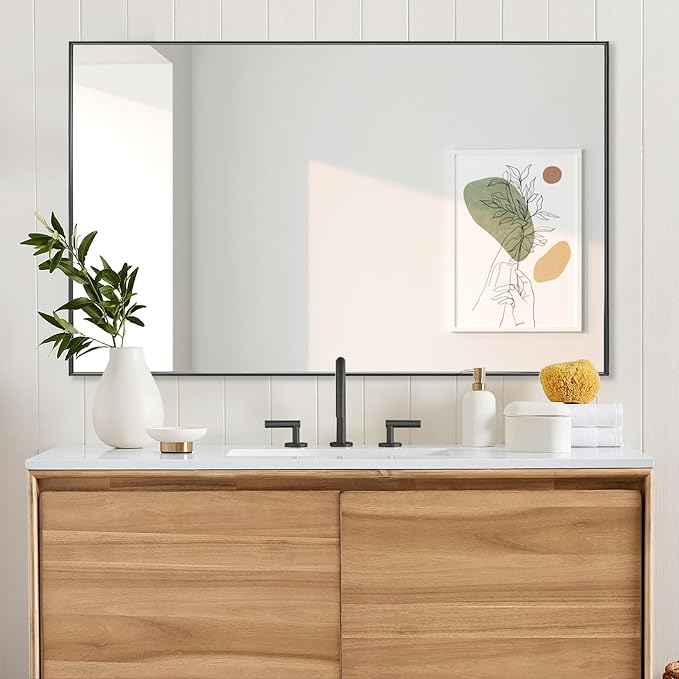 30x48 Inch Black Bathroom Mirror, Copper-Free Mirror, Aluminum Alloy Frame Vanity Mirror, Rectangle Wall Mounted Mirror, Modern Mirror for Bedroom/Living Room/Porch Horizontal or Vertical