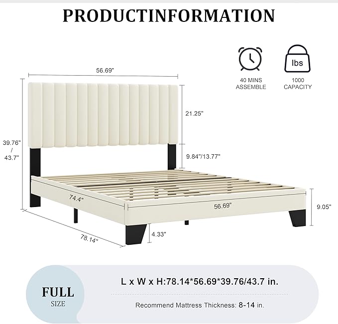 Full Size Bed Frame, Velvet Upholstered Platform Bed with Adjustable Tufted Headboard, Sturdy Frame and Slats, No Noiseless, No Box Spring Required, Easy Assembly, Beige