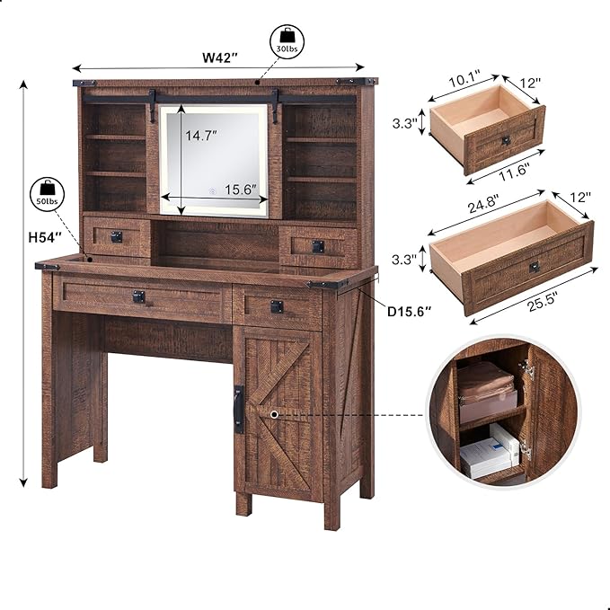 T4TREAM Farmhouse Makeup Vanity Desk with Sliding Mirror and Lights, 42'' Glass Tabletop Vanity Table with 2 Drawers & Shelves, Rustic Large Vanity Set for Bedroom, Reclaimed Barnwood
