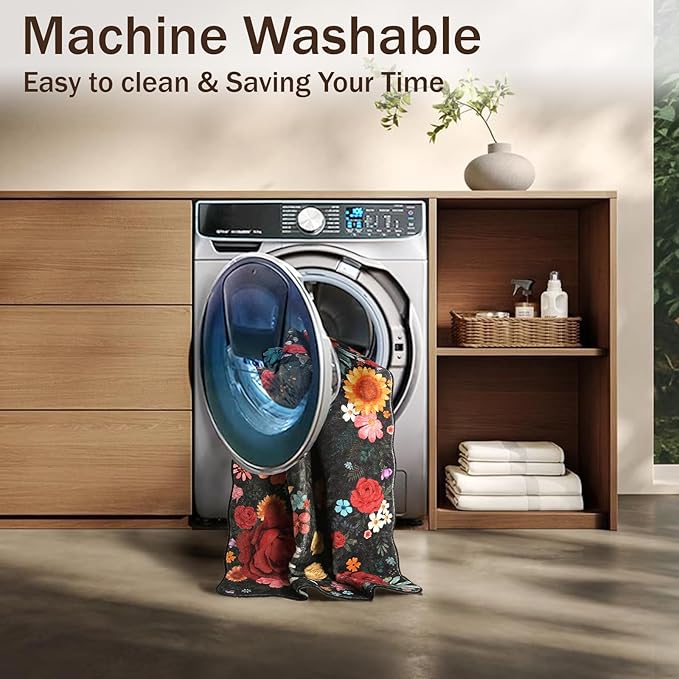 Floral Washable 6'x9' Area Rugs for Bedroom, Soft Lightweight Rug for Living Room Non Slip Dining Room Black Rug, Stain Resistant Boho Vintahe Easy Clean Throw Carpet for Office