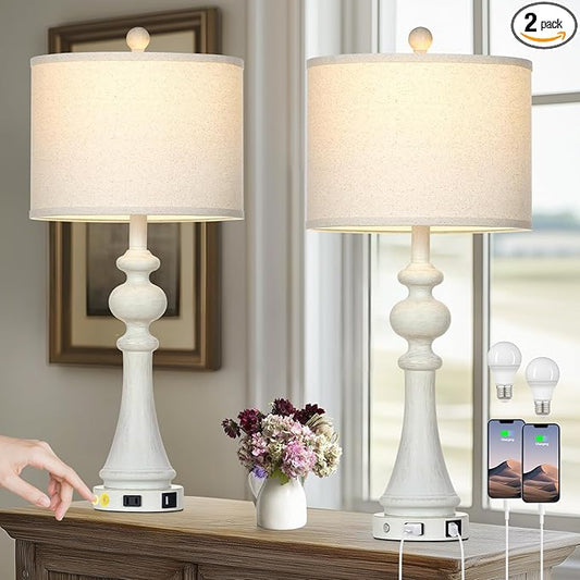 28" Farmhouse Lamps Set of 2, Vintage 3-Way Dimmable Touch Control Table Lamps with USB A+C Fast Ports & AC Outlets, Rustic Traditional Classic Bedside Nightstand Lamps for Living Room Bedroom White
