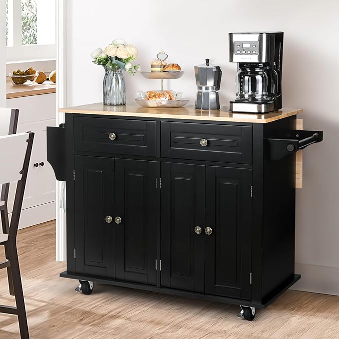 VOWNER 43" W Kitchen Island with Drop Leaf, Rolling Kitchen Island with Drawers, Portable Island Kitchen with Storage, Floating Kitchen Cart with Spice Rack & Towel Rack, Isla para Cocina (Black)