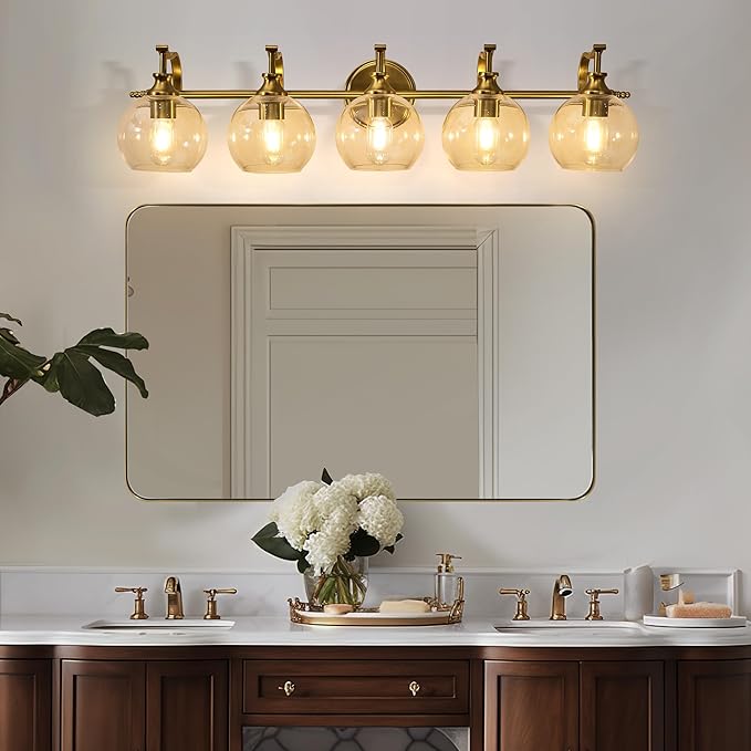ANDY STAR Brushed Gold Bathroom Light Fixtures, 5-Light Vanity Lights for Mirror, 35 Inch Modern Wall Sconces Lighting with Globe Clear Shade Up or Down Wall Mounted for Bedroom, Living Room, Hallway