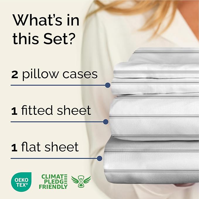 Striped Sheets - Black & White Striped Sheets - 1 Flat & 1 Fitted & 2 Pillowcases w/ Deep Pockets – Wrinkle & Fade Free - Soft, Breathable and Cooling – Luxury Pinstripe Bedding - King Size Bed Set