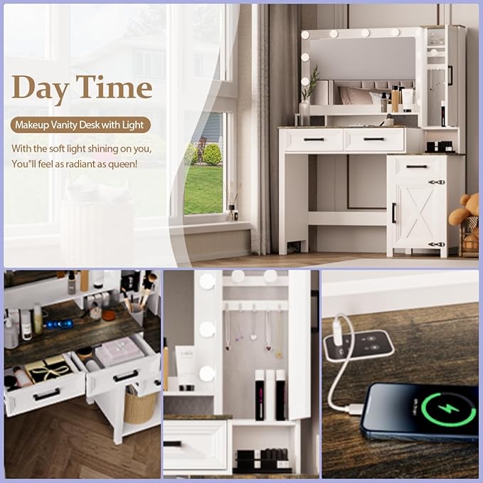 Makeup Vanity, Farmhouse Vanity with Square Mirror & Tricolor Lighting Adjustment, 43'' Fashion Makeup Desk with Two Spacious Drawers, Side Storage Cabinet & Built-in Charging Station, White