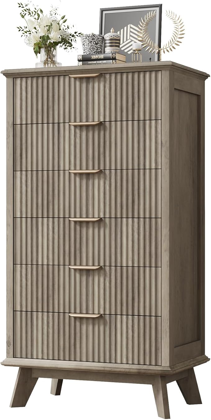 QUW Fluted 6 Drawer Dresser for Bedroom, Modern Tall Chest of Drawers with Metal Handle, Large Wood Storage Chest Organizer Accent Storage Cabinet for Living Room, Hallway, Entryway, Grey