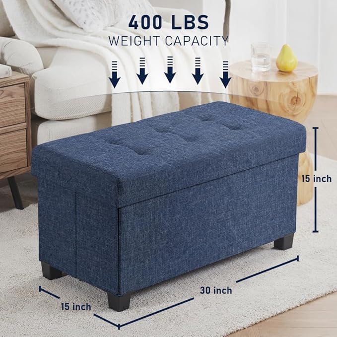 Ornavo Home 30 Inch Storage Ottoman, Large Storage Bench, Ottoman with Storage with Legs, Foot Rest Stool, Bedroom Bench - Navy Blue