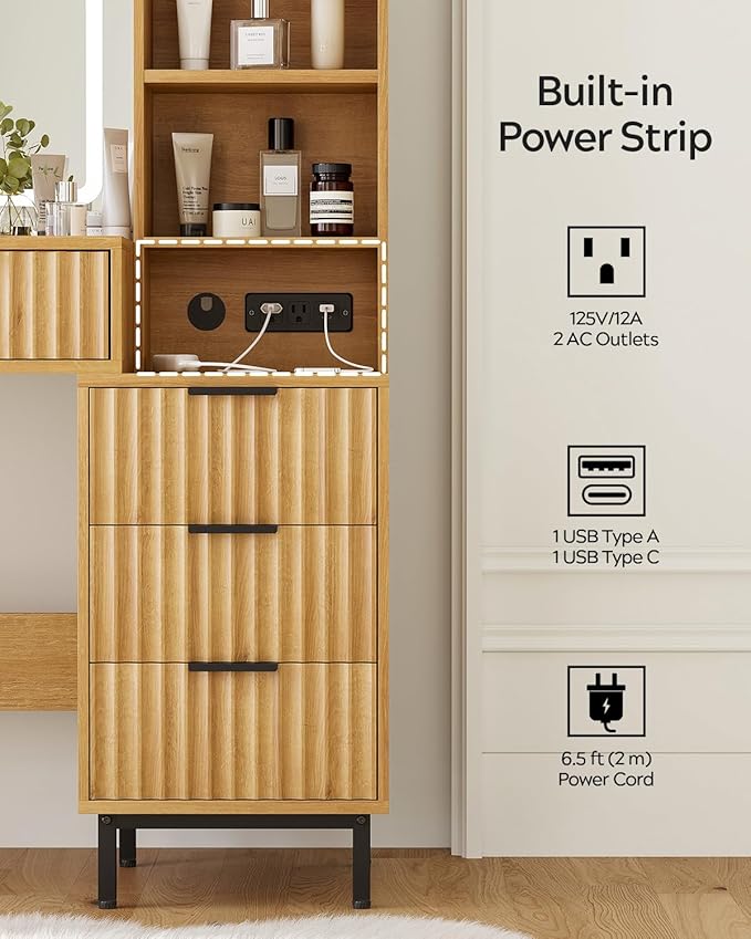 Fluted Vanity Desk with Large Mirror and Lights, Modern Wood Makeup Vanity Desk with Glass Top, Charging Station, 5 Drawers Adjustable Open Shelves, Dressing Table Set for Bedroom, Natural Oak