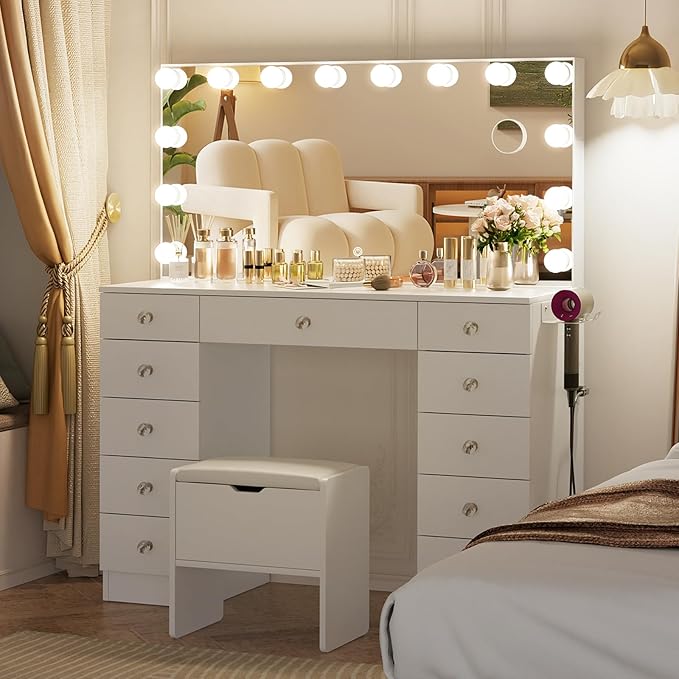 VOWNER Vanity with Lighted Mirror - Makeup Vanity Desk with Lights and 11 Drawers, 3 Color Lighting Modes Adjustable Brightness, 46" Makeup Desk with Soft Cushioned Stool for Bedroom, White