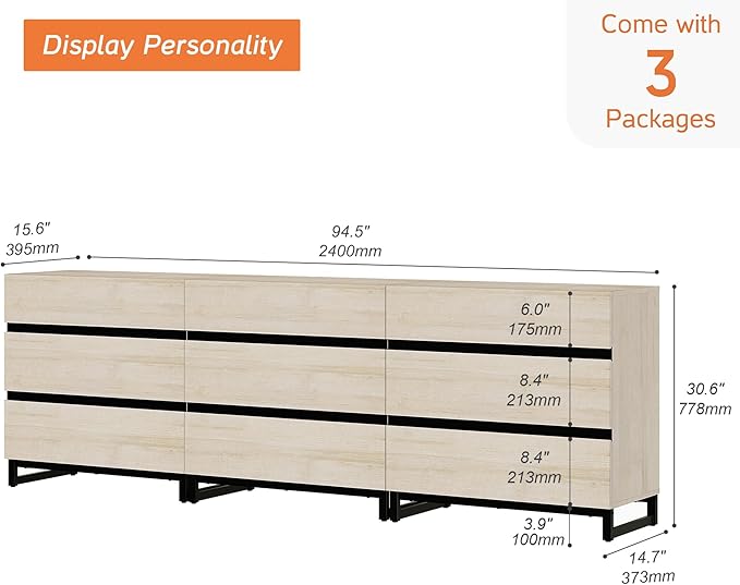 WAMPAT Modern TV Stand for TVs up to 100 inch, Entertainment Center TV Console with 9 Drawers and Metal Base, Media Console for Living Room, Bedroom, Light Oak