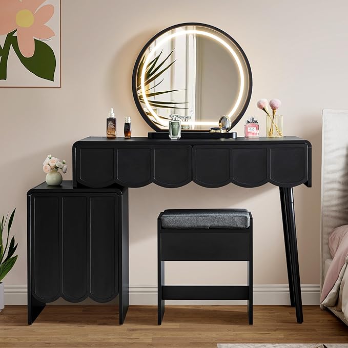 ORRD Vanity Desk with Mirror and Lights, Modern Wood Wave Panel Vanity Desk Set Makeup Table with Drawers and Cabinet, Dressing Table with Storage for Bedroom, Black