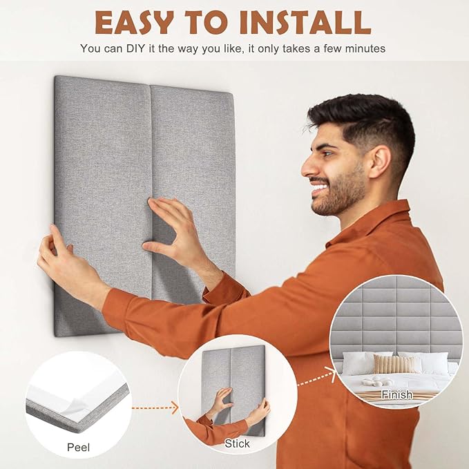 IFNOW Upholstered Wall Mounted Headboard, 3D Soundproof Wall Panels Peel and Stick for Queen Size, Reusable and Removable Tufted Bed Headboard in Medium Grey (9 Panels, 10" x 24")