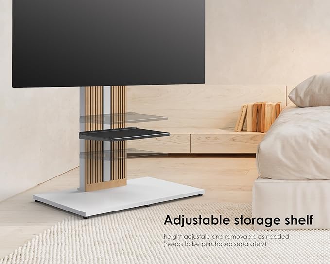 FITUEYES Design Wood TV Stand Swivel Mount with Hidden Back Storage for 55-88 inch TV Screens, Scandinavian Style Tall Floor TV Stand for Home Decor with Reinforced Base, Zen Series, White