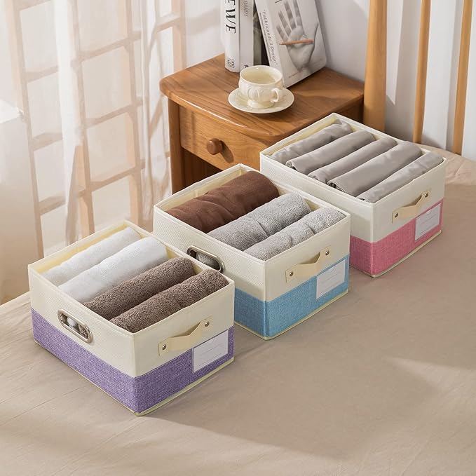 PRANDOM Large Fodable Storage Bins for Closet [3-Pack] Decorative Fabric Storage Baskets Cubes with Leather/Metal Handles for Shelves Bedroom Living Room Purple&Cream (14.9x9.8x8.3 Inch)