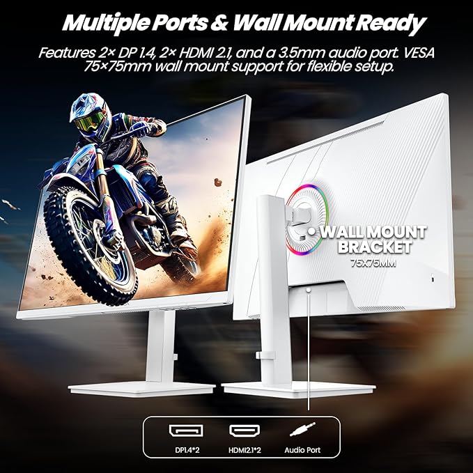CRUA 27" Gaming Monitor, 144Hz 4K UHD(3840*2160P) IPS Screen, Supports Height/Pivot/Rotating/Tilt Adjustable Vertical Monitor, AMD Freesync, 120% sRGB, Built-in Speakers, Wall Mountable Installs-White
