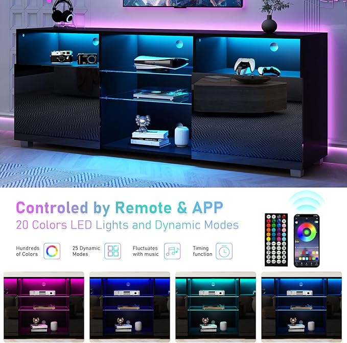 SUSSURRO LED TV Stand for 50/55 inch TV, Television Table Center Media Console with Drawer and Led Lights, High Glossy Modern Entertainment Center for Living Game Room Bedroom, Black