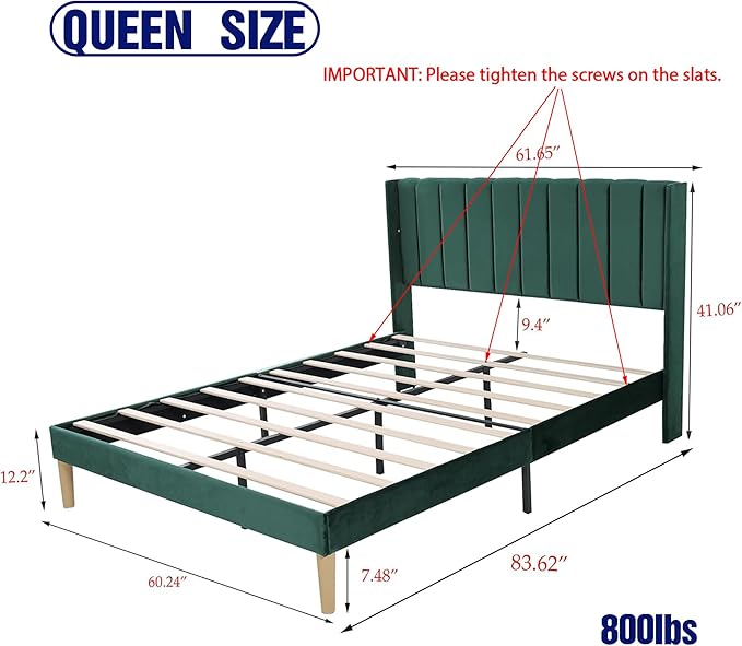 Upholstered Platform Queen Size Bed Frame with Headboard Wooden Slats Support No Noise Easy Assembly Green Velvet